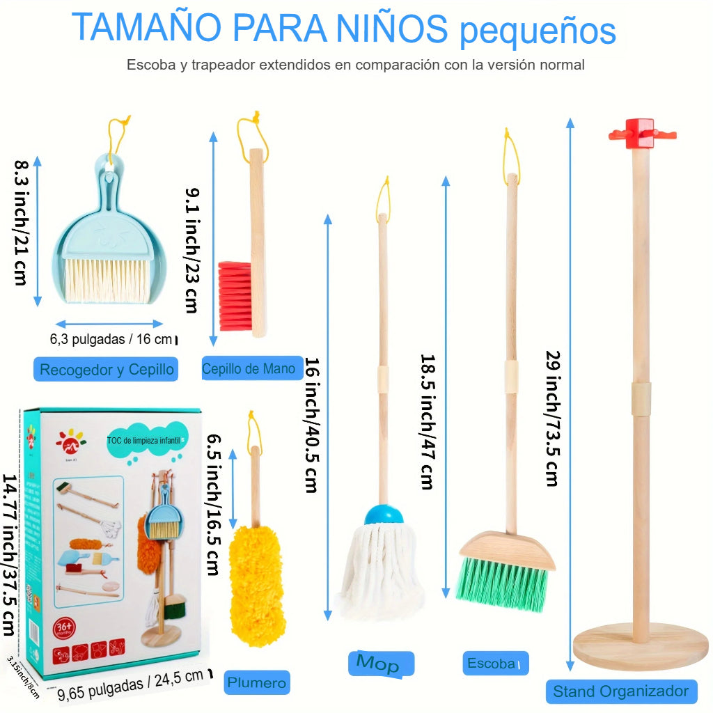 Juego de Limpieza de Madera para Niños – Set de 8 Piezas Montessori con Escoba y Trapeador