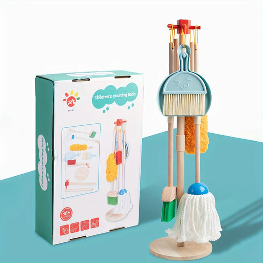 Wooden Kids Cleaning Set for Toddlers,8 Pieces Montessori Cleaning Toys with Kids Broom and Mop Set, Pretend Play Toy Gift