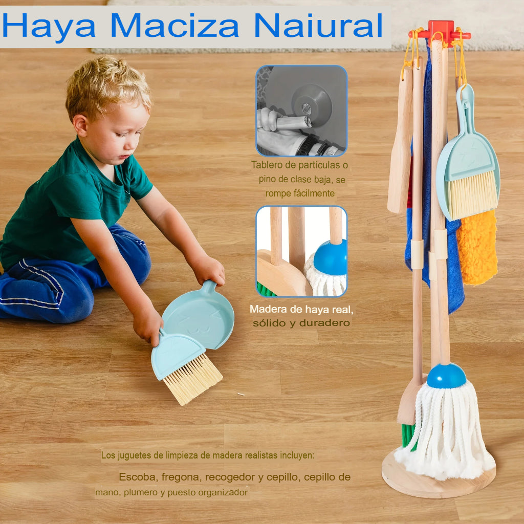 Juego de Limpieza de Madera para Niños – Set de 8 Piezas Montessori con Escoba y Trapeador